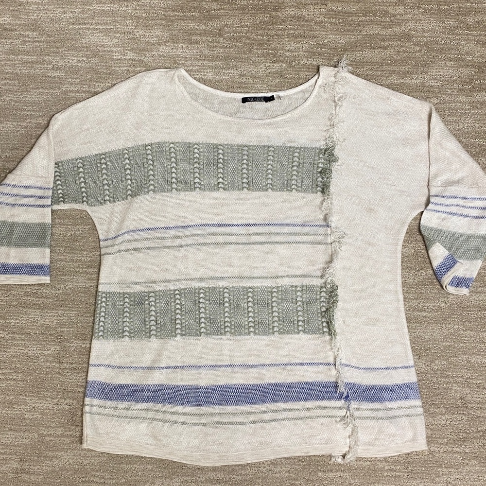 NIC+ZOE Cream Scoop Neck Sweater with Sage and Periwinkle Stripes